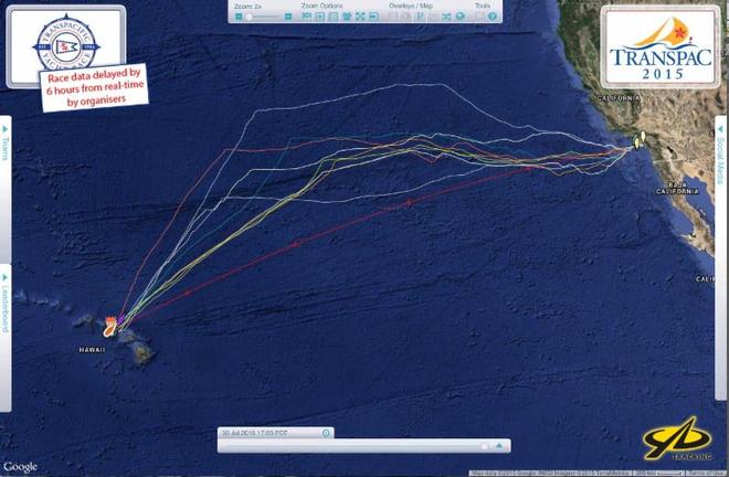 Arc-like tracks of the Division winners, showing their deviation from rhumb line, and the long northward track of Ragamuffin 100 - 2015 Transpac © Transpacific Yacht Club